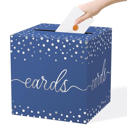 QISOLIY Navy Blue Card Box for Party with Silver Foil Dots, 8.7" Gift Card Holder and Money Box for Wedding, Baby Shower, Birthday, Graduation, Retirement, Anniversary Decorations - color: Navy Blue Dots Silver