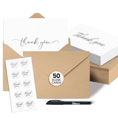 50 Thank You Cards with Envelopes 50 Pack - 4x6 Thank You Cards with Envelopes - Includes 50 Stickers, Pen & Elegant Storage Box - Boxed Assorted Greeting Cards (White & Black) - color: White With Black, size: 50 pack