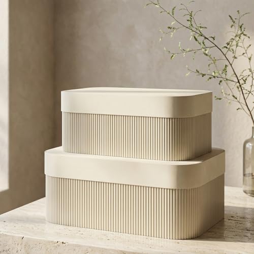 Decorative Storage Boxes with Lids - Set of 2 Fluted Photo Organizer Bins | Beautiful Home Bookshelf Decor to Safely Store Documents, Memory Box Items and Other Keepsakes in Style - color: Beige