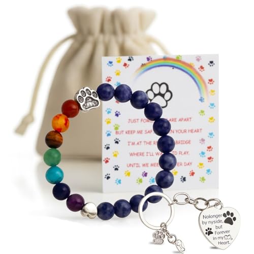 WhiskerTorium Pet Memorial Gift Set, Rainbow Bridge Bracelet with Paw Charm & Heart Keychain, 7 Chakra Healing Beads, Dog or Cat Loss Sympathy Gift, Remembrance Keepsake for Men & Women - color: Purple