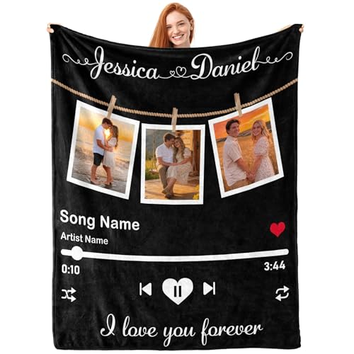 D-Story Custom Song Blanket with Picture Text Personalized Valentines Blankets and Throws Customized Fleece Photos Blanket for Adult Funny Valentines Gifts for Couple Wife Husband Music - color: Music