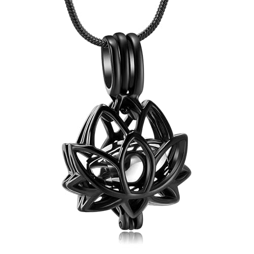 Cremation Jewelry for Ashes Pendant - Lotus Urn Necklace with Mini Keepsake Urn Memorial Ash Jewelry For Women Men - color: Black-Silver