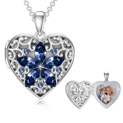 Dorunmo Personalized Locket Necklace 925 Sterling Silver that Holds Pictures Butterfly Birthstone Photo Heart Locket Custom Jewelry Congratulations New Beginnings New Job Gifts for Women - color: Sapphire Flower, style: Personalized Photo