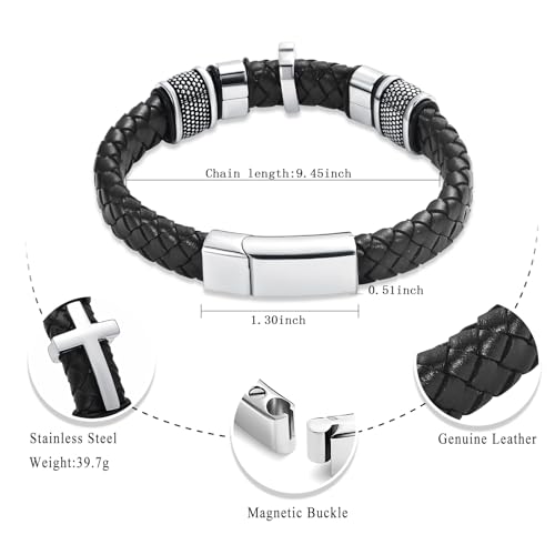 Oinsi Mens Double-Band Black Braided Leather Bangle Bracelets Cremation Jewelry for Ashes Wristband Memorial Urn Bangle with Cross Charm - color: A-Silver-24cm