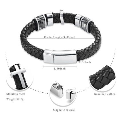 Oinsi Mens Double-Band Black Braided Leather Bangle Bracelets Cremation Jewelry for Ashes Wristband Memorial Urn Bangle with Cross Charm - color: A-Silver-24cm