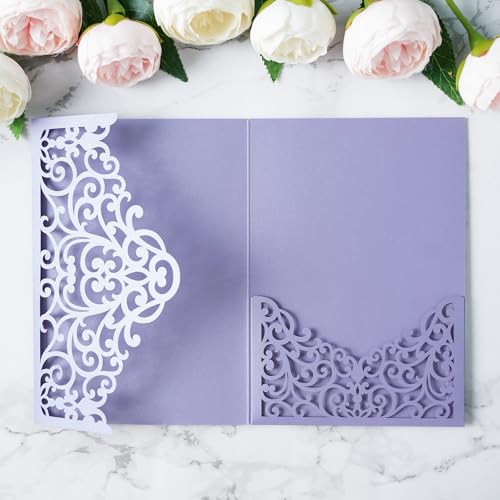 ponatia 20PCS Lilac Laser Cut Wedding Invitations Pockets, Tri-fold 5x7 Laser Cut Invitation Pockets for Wedding Bridal Shower Quinceanera 15 Anos Invite - color: Lilac