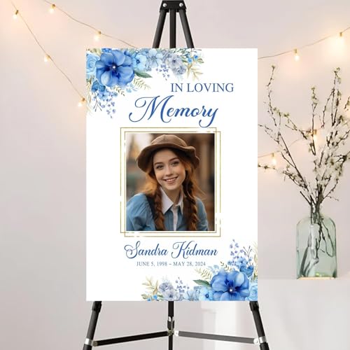 Personalized Photo Funeral Sign - Celebration Of Life Ideas - In Loving Memory Sign - Celebration Of Life Banner - Large Funeral Sign - Funeral Program - Blue Flower Funeral Welcome Sign - Celebration Of Life Poster - Memory Signs For Funeral - color: Mul