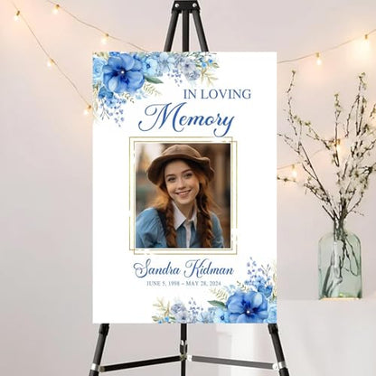 Personalized Photo Funeral Sign - Celebration Of Life Ideas - In Loving Memory Sign - Celebration Of Life Banner - Large Funeral Sign - Funeral Program - Blue Flower Funeral Welcome Sign - Celebration Of Life Poster - Memory Signs For Funeral - color: Mul