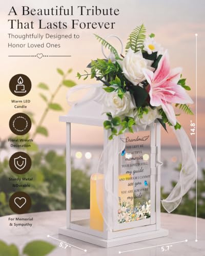 Memorial Lantern with Flower, Sympathy Gift for Loss of Grandma, Funeral Remembrance Gift in Loving Memory of Grandmother - color: Grandma/White