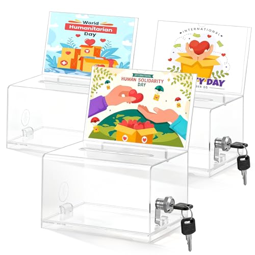 SHENLIU 3 Pack Clear Donation Box with Lock, Ballot Box with Sign Holder, Tip Jar for Fundraising, Voting Boxes with Slot Suggestion Boxes for School, Conference 6.2x4.6x3.9 Inch