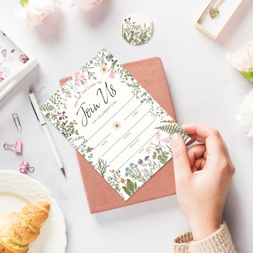 Whaline 25 Packs Vintage Floral Invitations with Envelopes and Stickers Retro Wildflower Invitation Cards Spring Fill in Blank Invites for Wedding Birthday Bridal Baby Shower Party, 5 x 7 Inch