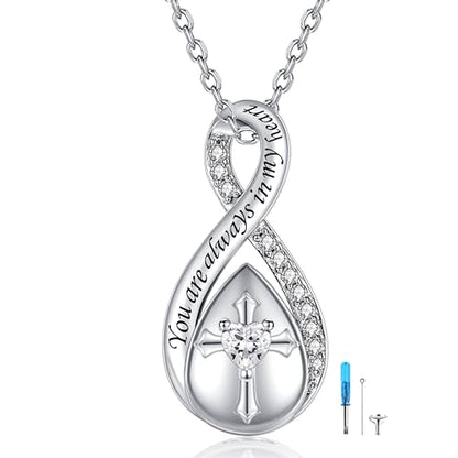 ZOEXUE Infinity Cross Cremation Jewelry - S925 Sterling Silver Cross Urn Necklace for Women - Birthstone Cross with Heart CZ Ashes Keepsake Pendant Memorial Urn Jewelry Gift for A Loss Loved Ones - color: White
