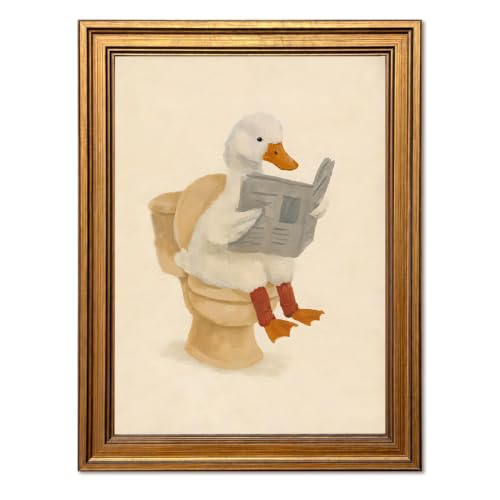 Vintage Gold Framed Bathroom Duck Wall Art, Funny Duck Reading Newspaper on Toilet Pictures Wall Decor, Whimsical Cute Animal Paintings Canvas Prints Artwork for Kids Bathroom Restroom 8x10 Inch - color: Cute Duck, size: 10"L x 8"W