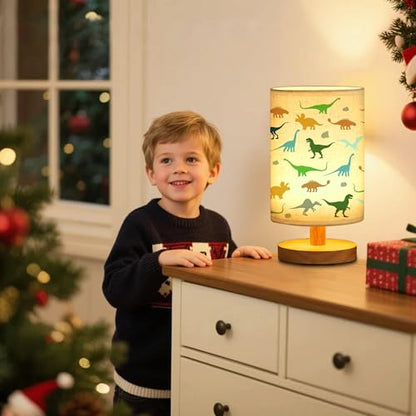 WSYEAR Dinosaur Kids Table Lamp for Bedroom Kids Bedside Lamp with Linen Wooden Nightstand Cartoon Nursery Lampshade for Girls Boys Living Room - color: Dinosaur