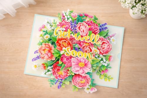 Peony Get Well Soon Cards Pop Up, 3D Encouragement Get Better Soon Card, Colorful Thinking of you 3D for Speedy Surgery Recovery, Feel Better Soon, Kids, Friends (Peony GW) - color: Peony Get Well Soon