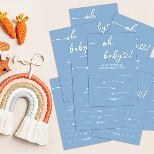 Oh Baby! Baby Shower Invitations for Boys, Blue Minimalism Invite Cards for Baby Announcement, 25 Set of Fill-in Invites with Envelopes, Gender Reveal Party Supplies -B15 - color: blue