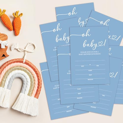 Oh Baby! Baby Shower Invitations for Boys, Blue Minimalism Invite Cards for Baby Announcement, 25 Set of Fill-in Invites with Envelopes, Gender Reveal Party Supplies -B15 - color: blue
