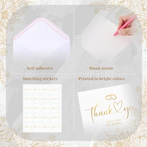 Eaasty 50 Sets Wedding Thank You Cards with Envelopes Stickers, 4x6 Inch - style: Gold Foil Wedding