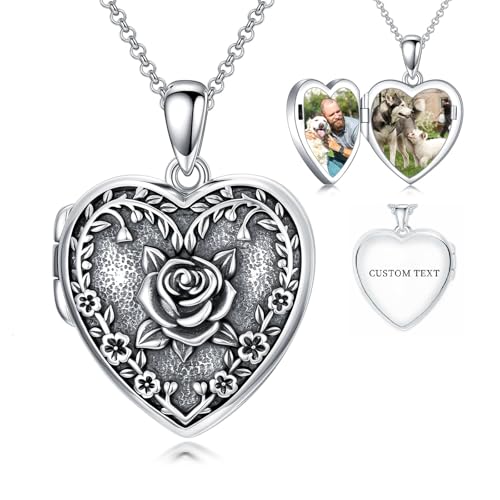 Heart Locket Necklace 925 Sterling Silver Custom Photo Pendant That Holds Pictures Memorial Jewelry Gifts for Women Mom Daughter - color: Rose Flower, style: 3-photo&text customized
