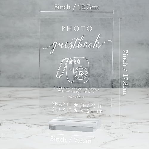Acrylic Photo Guestbook Signs with Stand- 5x 7 Inch Glass Look Clear Acrylic Wedding Reception Sign Modern Font Sign with Holder for Wedding Reception & Party Event - size: 5" x 7" Photo Guest Book Sign