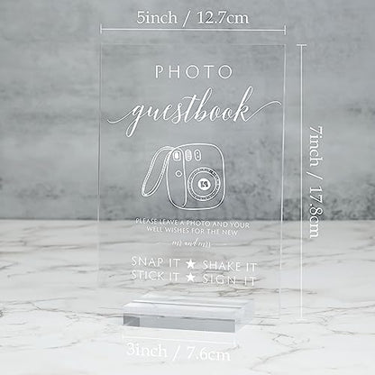 Acrylic Photo Guestbook Signs with Stand- 5x 7 Inch Glass Look Clear Acrylic Wedding Reception Sign Modern Font Sign with Holder for Wedding Reception & Party Event - size: 5" x 7" Photo Guest Book Sign