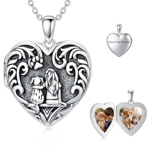 Dorunmo Personalized Heart Locket Necklace That Holds 2 Picture 925 Sterling Silver Custom Lockets Pendant Memorial Jewelry Gifts for Mom Sisters - color: Dog, style: Personalized-Photo+Text