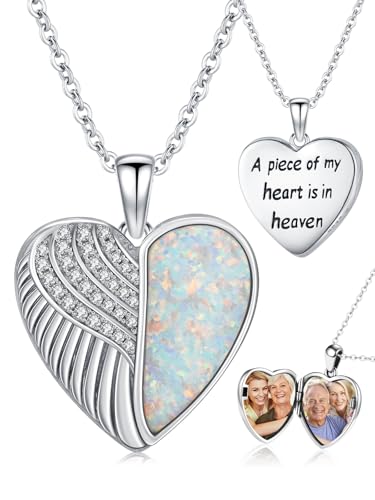 CHENGHONG Heart Pendant Locket Necklace 925 Sterling Silver Personalized Locket Necklace That Holds Pictures Photo Memorial Memory Jewelry Gifts for Women - style: I-Angel Wing