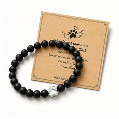 Pet Memorial Bracelet Loss of Dog Cat Matte Black Bead Sympathy Gift | Silver paw print charm, bereavement condolence keepsake jewelry, rainbow bridge gift for dog mom cat mom women men pet parent