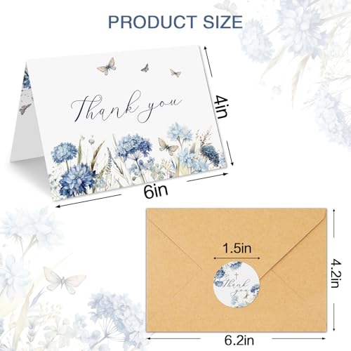 50 Pack Flower Funeral Thank You Cards with Envelopes, Blue, 4×6 In | Watercolor Design Bereavement Cards, Message Inside, for Funeral Family Friends Loved Ones, Celebration of Life - color: 50 Blue