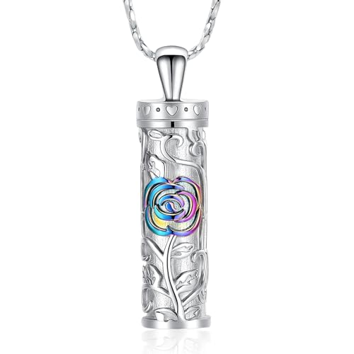 Rose Flower Urn Necklace Cylinder Bar Urn Necklace for Ashes Pendant Necklace Keepsake for Ashes Memory Keepsake Cremation Jewelry for Women Memorial - color: Rainbow