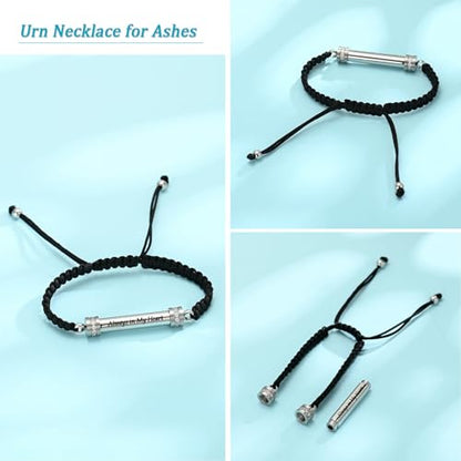 Hearbeingt Cylinder Cremation Bracelet for Ashes Adjustable Rope Urn Bangle - color: C-Silver-Always in My Heart