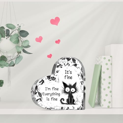 Cat Lover Gifts for Women Girls Cat Funny Office Acrylic Heart It’s Fun Everything Fun Gifts for Friends Coworkers Teacher Boss Desk Nursery Office Sign Plaque Paperweight - style: Everything is fine