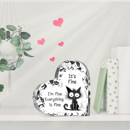 Cat Lover Gifts for Women Girls Cat Funny Office Acrylic Heart It’s Fun Everything Fun Gifts for Friends Coworkers Teacher Boss Desk Nursery Office Sign Plaque Paperweight - style: Everything is fine