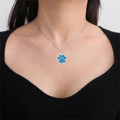 Dreuyet Paw Necklace and Earrings Set for Women Glitter Cute Dog Cat Pet Paw Print Pendant Necklace Earrings Lovely Animal Charm Jewelry Set Gifts - color: Silver Light Blue