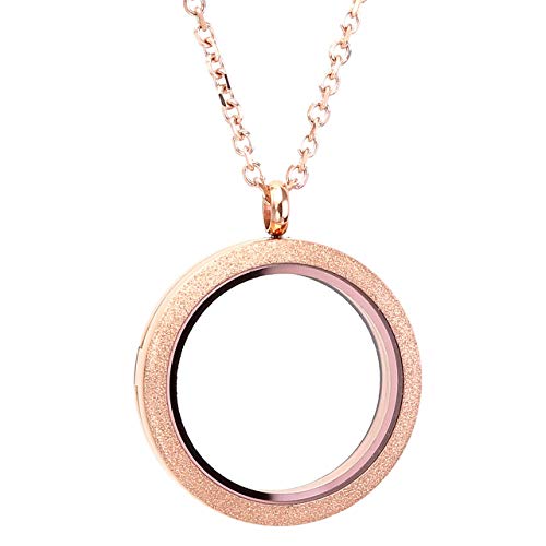 Zysta Silver Round Locket Pendant Necklace 30mm Glossy Stainless Steel Clear Glass Living Memory Floating Charms Stone Storage - color: Rose Gold-Matte-30mm