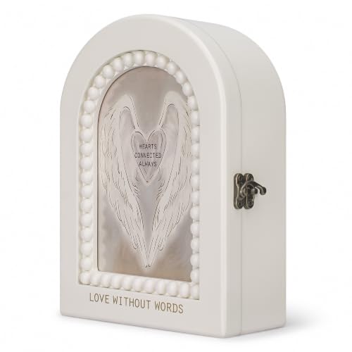 Wooden Memorial Keepsake Box, Angel Wings Memory Box with 4x6 Photo Display | Arched storage for photos, letters, sympathy cards and pet tags; pet loss, loved one memorial gift or remembrance decor - color: Angel Wings