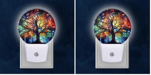 Round LED Night Lights Lamp with Dusk to Dawn Sensor, Vibrant Tree of Life with Branches Night Light Plug Into Wall for Kids Room, Bedroom, Bathroom, Kitchen, Hallway (Pack of 2) - color: Vibrant Tree of Life With Branches, size: Small (Pack of 2)