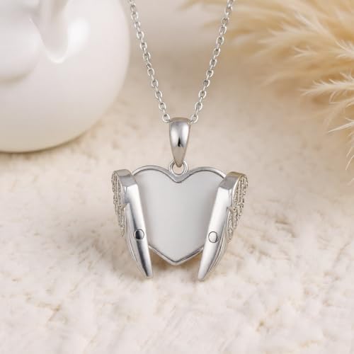SNOWELLE Angel Wings Locket Necklace Sterling Silver Angel Wings Jewelry | Heart Angel Wings Pendant Heart Jewelry Gifts for Women 18＋2'' inches Sterling Silver Chain