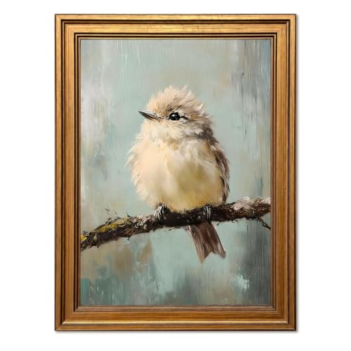 Vintage Gold Framed Bird Wall Art, Cute Beige Sparrow on Branch Pictures Wall Decor, Rustic Farmhouse Animal Paintings Canvas Prints Cottage Core Home Decor for Living Room Bedroom 16x24 Inch - color: White Bird, size: 24"L x 16"W