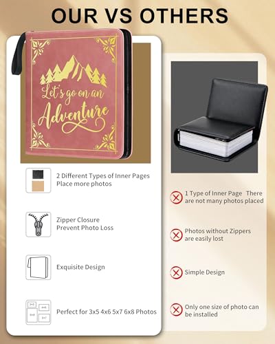 Adventure Leather Photo Album 4x6 200 Photos, DIY Scrapbook with 50 Sheets and 20 Blank Kraft Sheets, Travel Souvenir Diary Photo Book for Family Wedding Baby and Holiday Pictures - color: Pink-text
