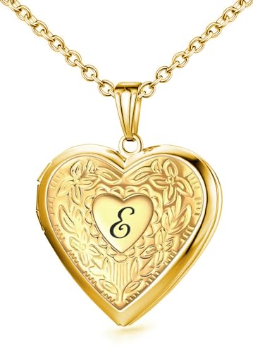 Locket Necklace Holds Pictures Alphabet Initial Letter Love Heart Lockets Photo Memory Locket Necklaces Birthday Gifts - color: Gold, style: E