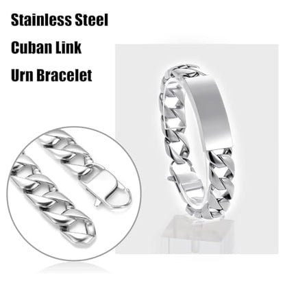 zeqingjw Men Urn Bracelet for Human Ashes Stainless Steel Cremation Jewelry Cuban Link Bangle for Ashes Keepsake Memorial Ash Holder Urn Keepsake Bracelet - color: Silver-22CM