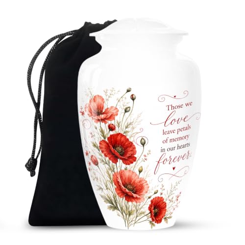 Red Flower Urn for Ashes for Women - White Floral Urns for Human Ashes | White Cremation Urns for Human Ashes with Black Velvet Bag Holds Full Adult Ashes Secure Threaded Lid, Female, Floral 10 Inch - color: #11 Flower Urn, size: 10" Large Urn