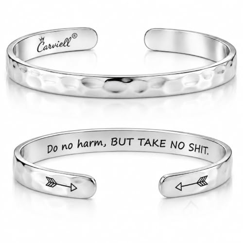 Bracelets for Women – 100+ Meaningful Engraved Messages – Solid 316L Surgical Stainless Steel Cuff Bracelet – Gift Ready - color: BADASS Gift - Do no harm, BUT TAKE NO SH*T.