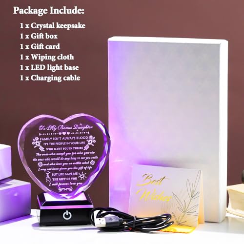 YWHL Bonus Daughter Gifts from Mom Dad Birthday Gifts for Bonus Daughter | Heart Shaped Crystal Keepsake with Colorful Base To My Bonus Daughter Stepdaughter Gifts on Christmas Graduation Valentine's - color: Bonus Daughter Gifts