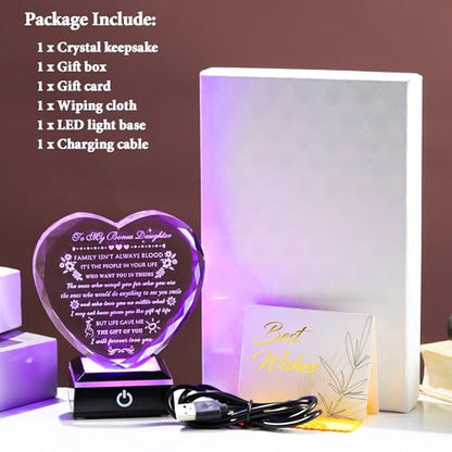 YWHL Bonus Daughter Gifts from Mom Dad Birthday Gifts for Bonus Daughter | Heart Shaped Crystal Keepsake with Colorful Base To My Bonus Daughter Stepdaughter Gifts on Christmas Graduation Valentine's - color: Bonus Daughter Gifts