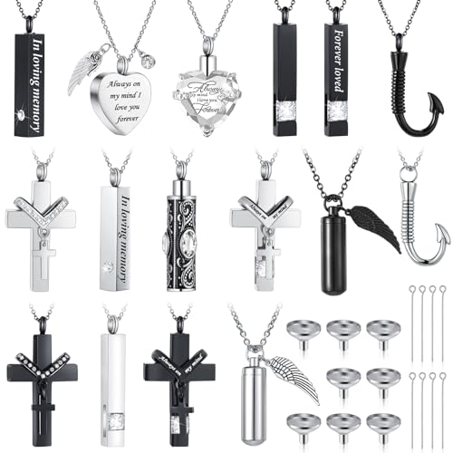 Huquary 16 Pcs Urn Necklace for Ashes Waterproof Stainless Steel Carved Ashes Locket with 8 Filling Kit Heart Cylinder Cross Cubic Fish Hook Jewelry for Ashes with Wing Diamond for Men Women - color: White
