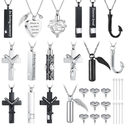 Huquary 16 Pcs Urn Necklace for Ashes Waterproof Stainless Steel Carved Ashes Locket with 8 Filling Kit Heart Cylinder Cross Cubic Fish Hook Jewelry for Ashes with Wing Diamond for Men Women - color: White