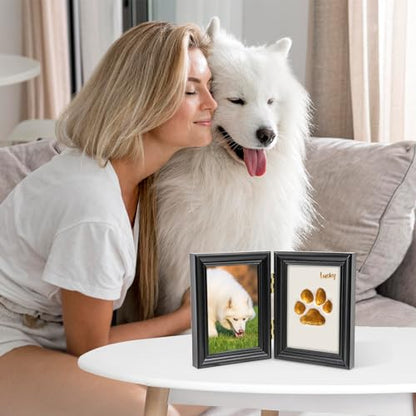 Avont Paw Print Kit, Pet Memorial Keepsake with Frame | Skin-Friendly Air-Dry Clay | Wooden Double-Hinged Frame | DIY Pet Name Stencils | Tabletop & Wall Mount | Black - color: Black