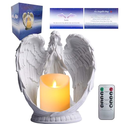 Carefree Fish Starry Sky White Sandstone Praying Angel Statue Angel Wing Figurine Prayer Home Decor Memorial LED Candle Holder 9Inch (Remote Control, with Timing Function.) - color: 4white Large, size: 9 In